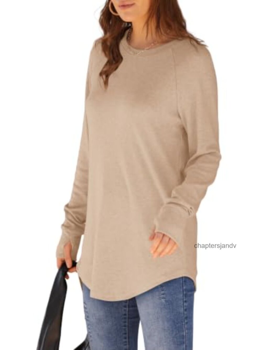 Womens Long Sleeve Tunic Top Thumb Hole Curved Hem Loose Fit Casual - Picture 2 of 6